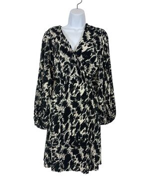 H&M Pleated Balloon Sleeve Wrap Mini Dress Black Cream Abstract Print Size L